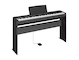 Diagonal side view of the P-143BTB (black model) in combination with the optional stand and sustain pedal
