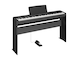 Diagonal side view of the P-143BTB (black model) in combination with the optional stand and metal sustain pedal
