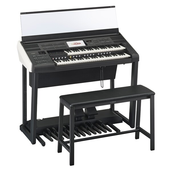 Thumbnail image of Yamaha Electone ELS-03 series, showing full view with upper and lower keyboards, pedals, and bench.