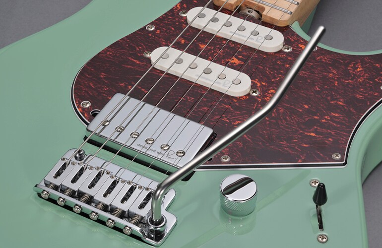 Close-up of the body and pickups of the Pacifica Standard Plus 12M Sonic Blue