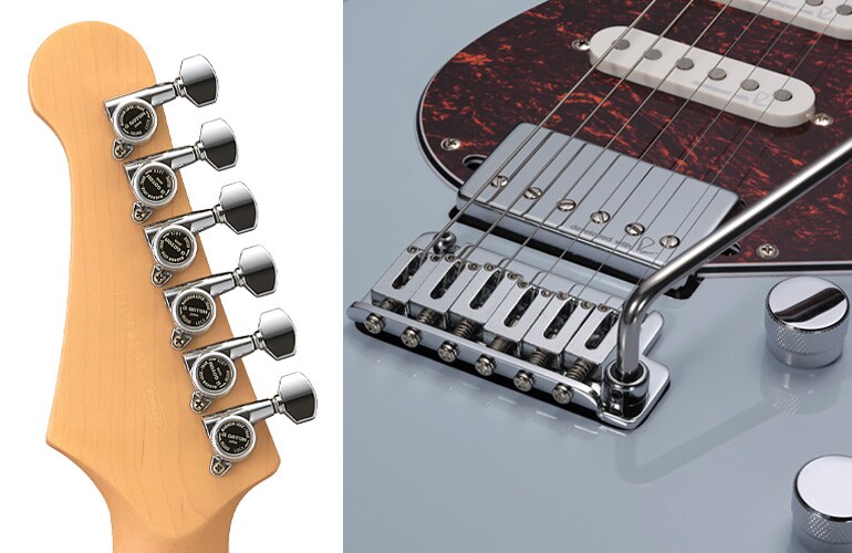 Close-up of the bridge, pickups and controls of the Yamaha Pacifica Standard Plus 12 Ice Blue