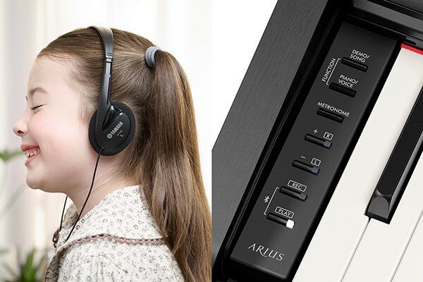 Playing an ARIUS piano with headphones, and an image of the control panel