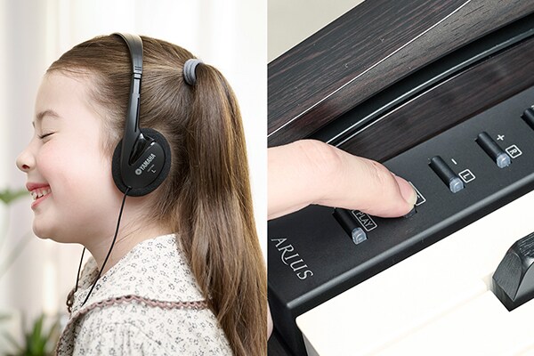 Playing an ARIUS piano with headphones and operating the control panel buttons