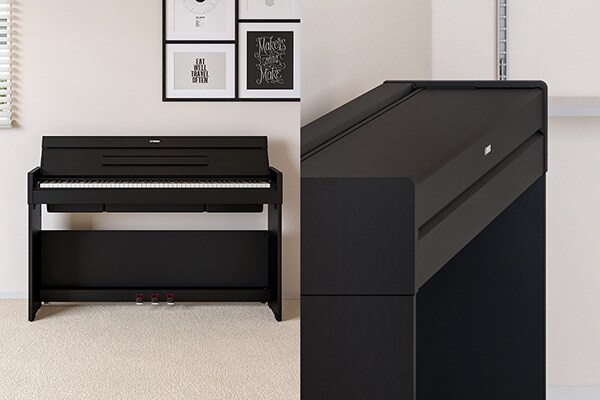 An ARIUS piano blending in with the living room interior, and an ARIUS piano with a flatter, more compact design owing to its lid being closed