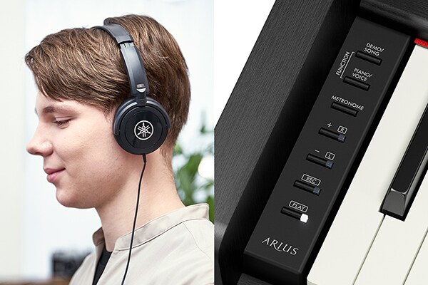 Playing an ARIUS piano with headphones, and an image of the control panel