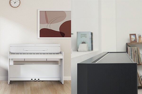 An ARIUS piano blending in with the living room interior, and an ARIUS piano with a flatter, more compact design owing to its lid being closed