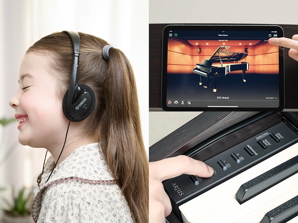 Practicing on the digital piano with headphones, viewing the screen of the Smart Pianist app, and recording using the piano’s built-in controls.