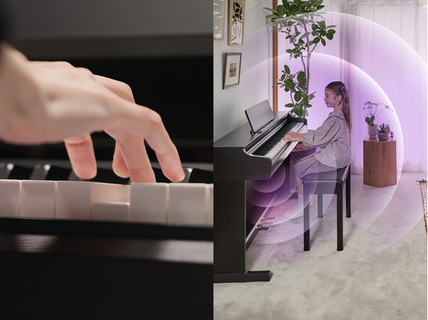 The expressive touch of the new ARIUS keyboard and sound waves expanding from an ARIUS piano in a living room