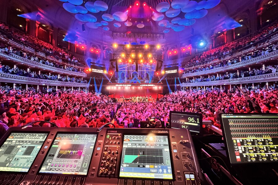 Interior view of Royal Albert Hall filled with audience during live concert event with Yamaha RIVAGE PM Series mixing console.